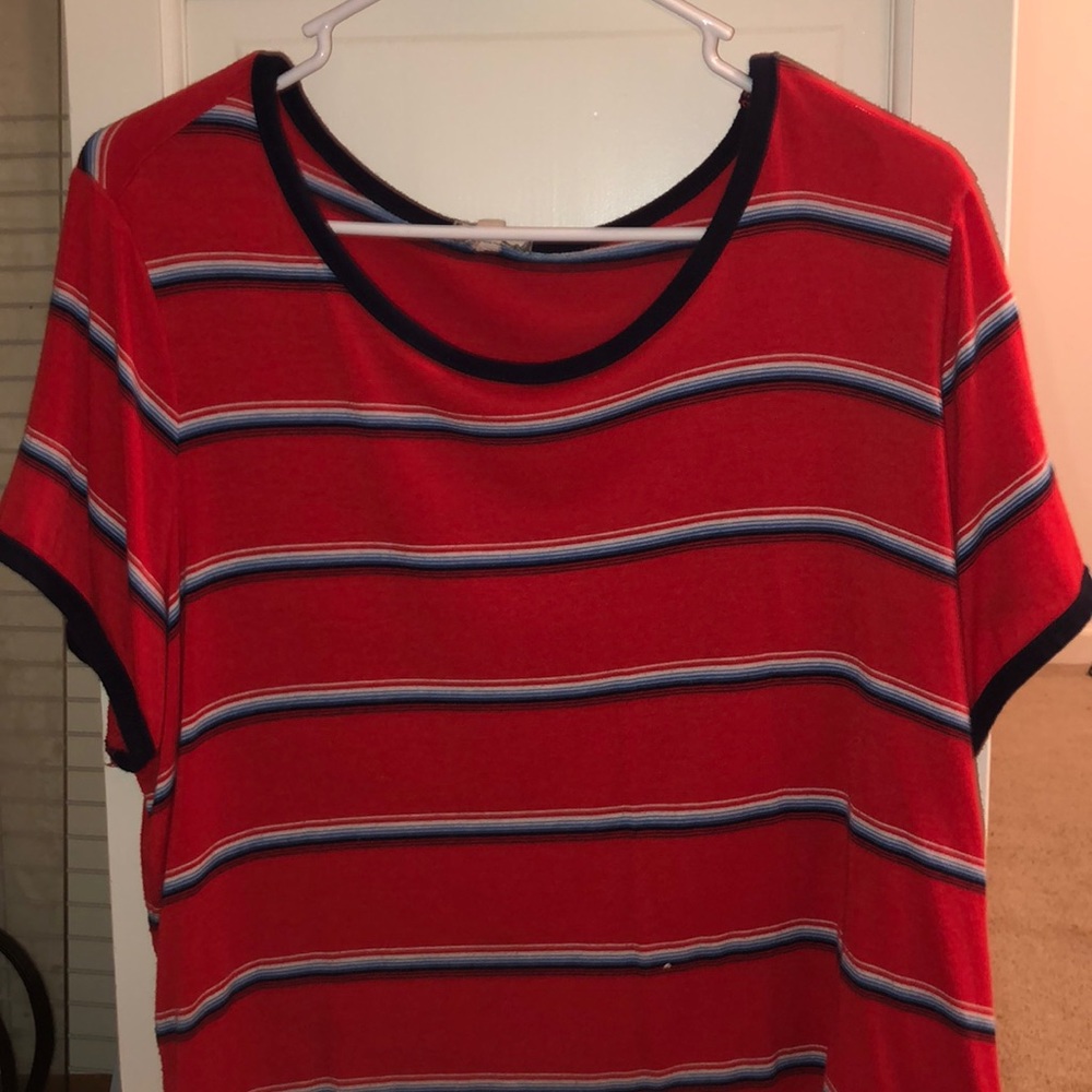 Red crop top shirt.